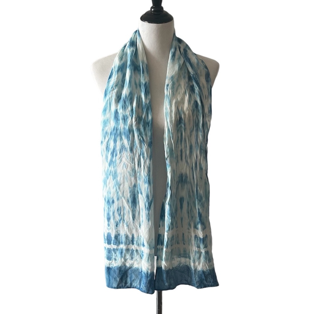 100% Silk Scarf Dyed Blue White Artsy Boho